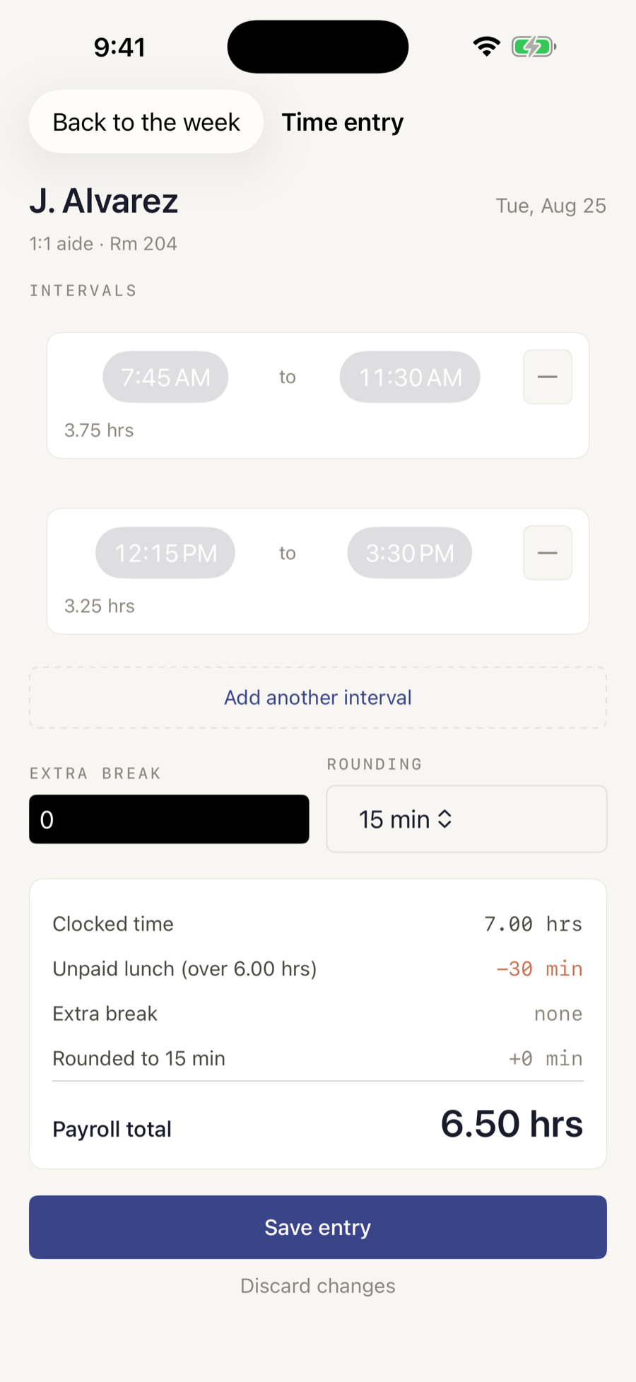 ParaHours time entry — two clocked intervals, an automatic unpaid-lunch deduction, and a 6.50-hour payroll total.