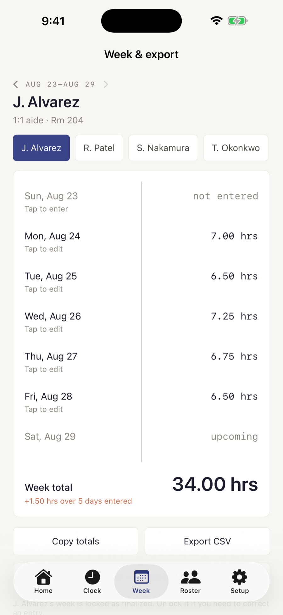 ParaHours week view — a paraeducator's daily hours for Aug 23–29, a 34.00-hour week total, and a CSV export button.