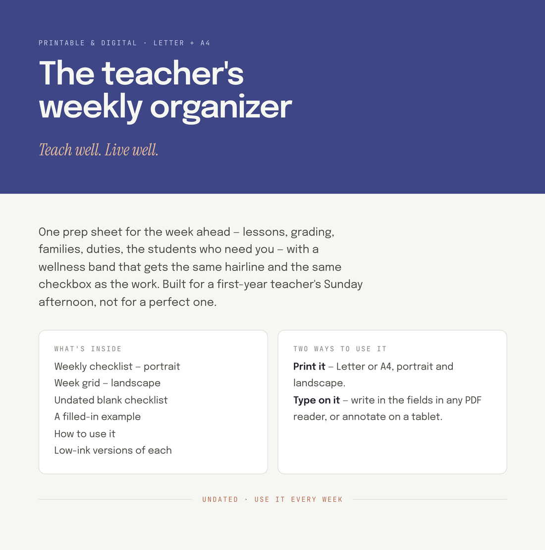 The Teacher's Weekly Organizer — an EdCapable printable and digital prep sheet covering lessons, grading, families, and duties, with a matching wellness band.